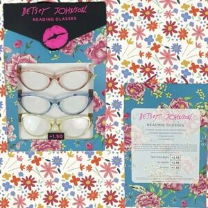Betsey Johnson 3 Pk Pink-Blue-Yellow Cat-Eye Frames Reading Glasses +1.50
